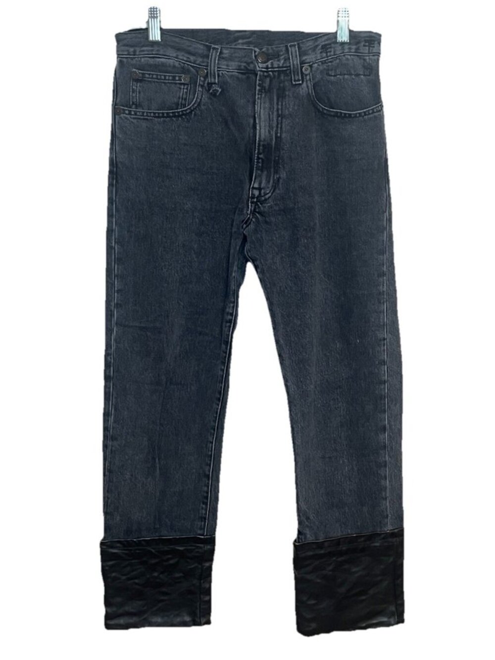 R13 Jeans 26 Axel Slim Cuff Black Denim Leather Cuff Italy Moto Grunge Edgy